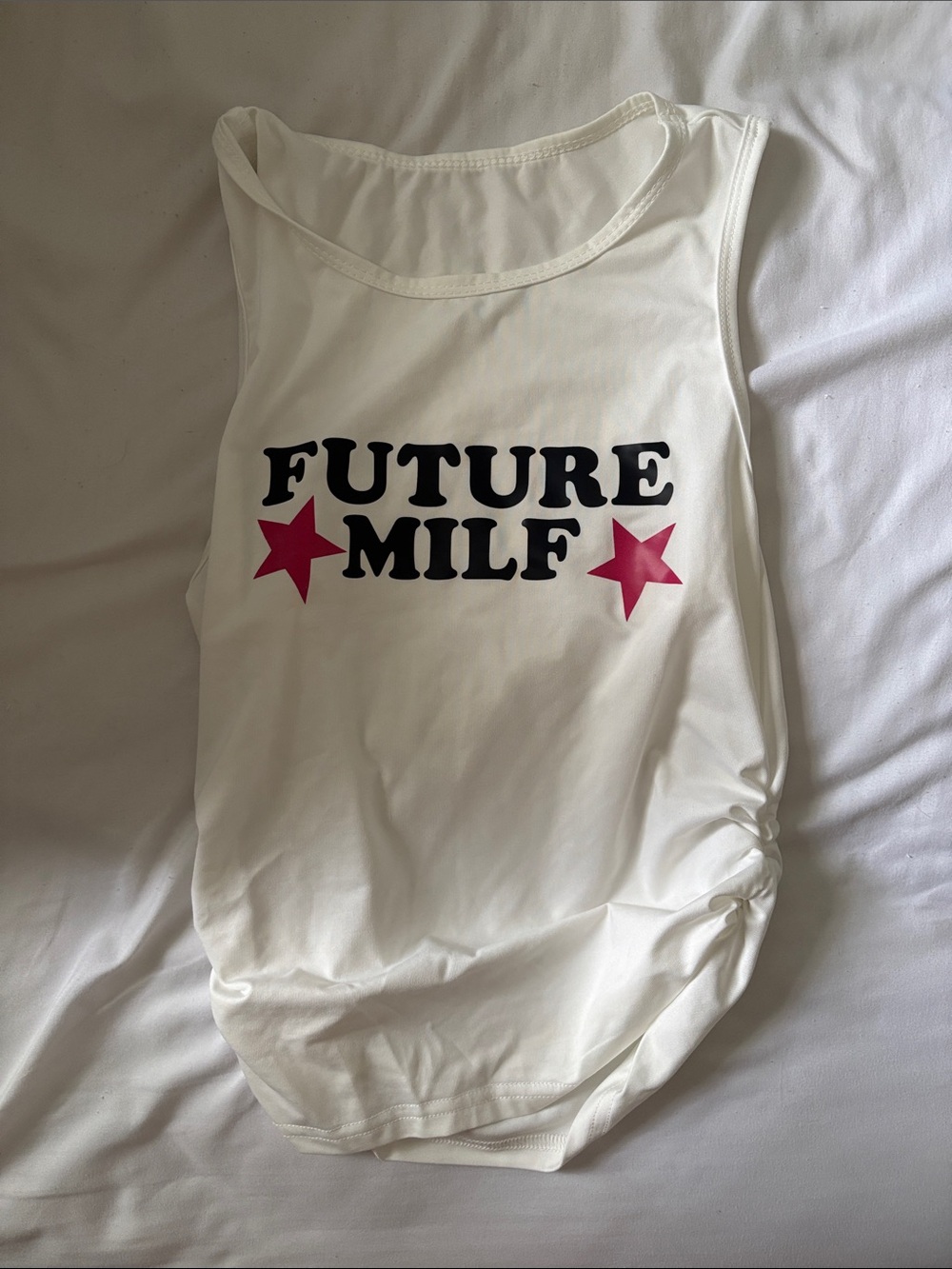 White Graphic Tank Top with Bold Text and Pink Stars